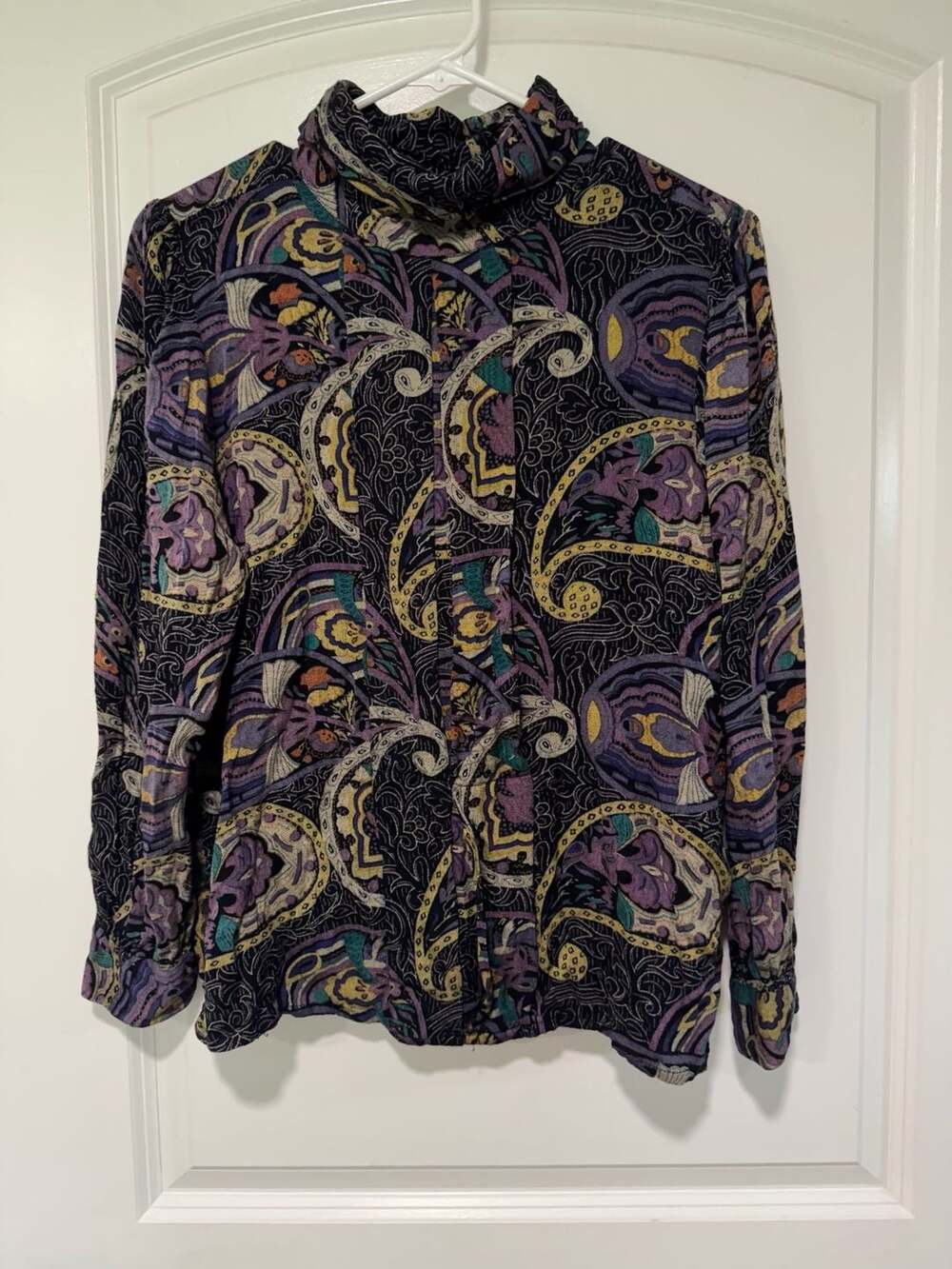 Vintage Paisley Abstract Blouse Pleated Front Cowl Neck Artsy Boho Women’s M
